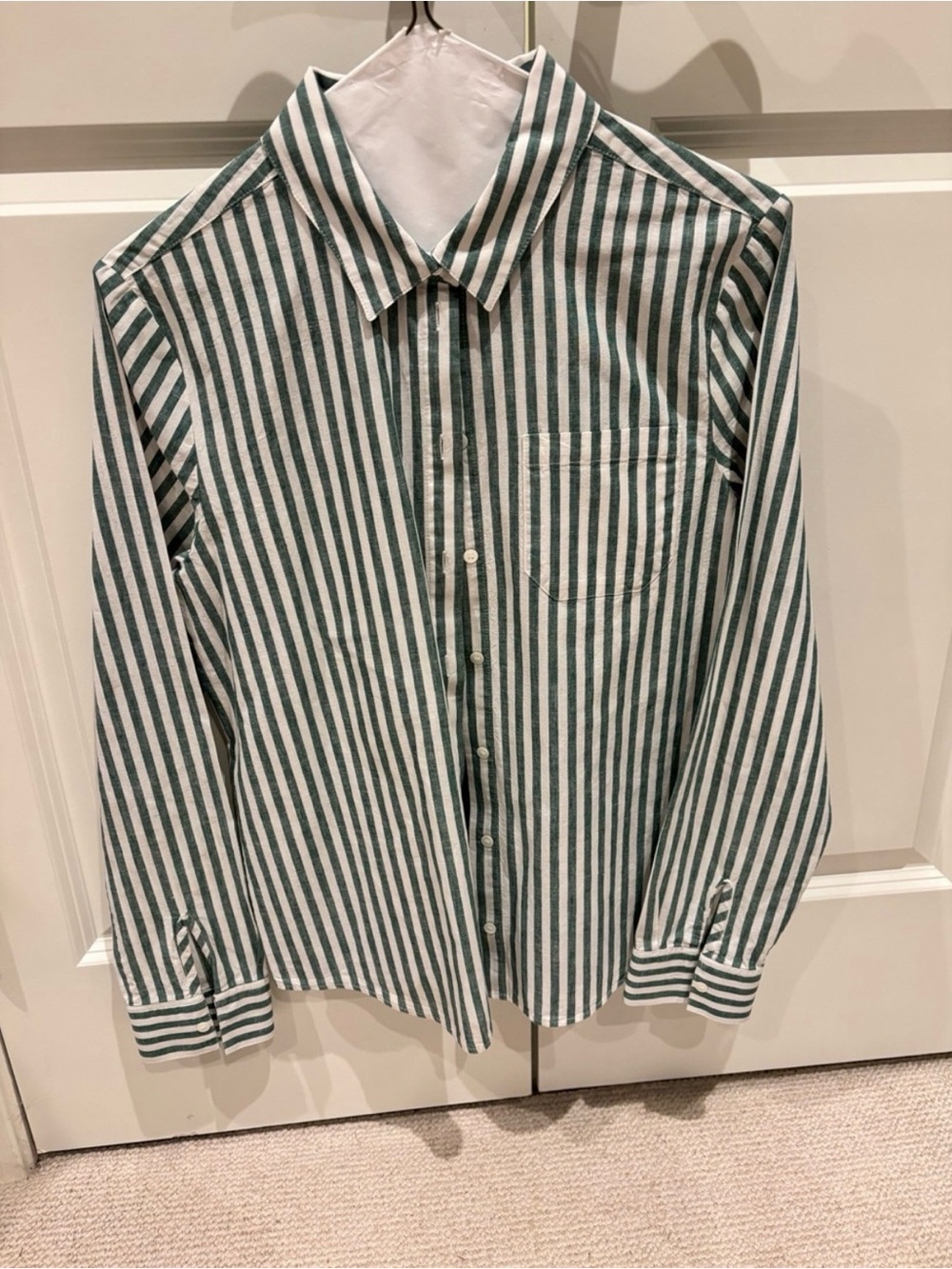 Sezane Tomboy Green and White Vertical Stripe Button-Down Shirt - Picture 3 of 7
